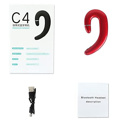 Sunffice Ear Hook Bluetooth Wireless Headphone,Non Ear Plug Headset with Microphone,Single Ear Noise Cancelling Earphones Painless Wearing for Android Smartphones,iPhone14 13 12 11 X 8 (Red) 7