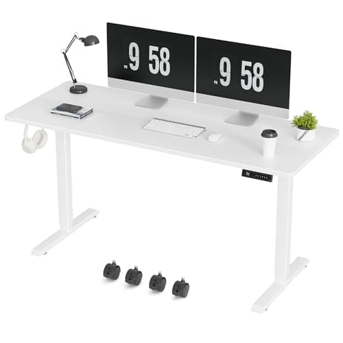 Furmax Electric Standing Desk, 59 x 24 Inches Height Adjustable Desk with Wheels, Home Office Computer Desk with Management Box (White)