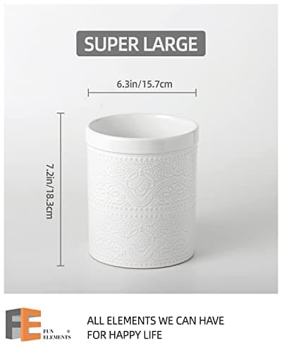 FUN ELEMENTS Kitchen Utensil Holder, 7.2" Super Large Utensil Crock Heavy and Stable Lace Emboss Ceramic Utensil Holder for Kitchen Counter (Bright White) 5