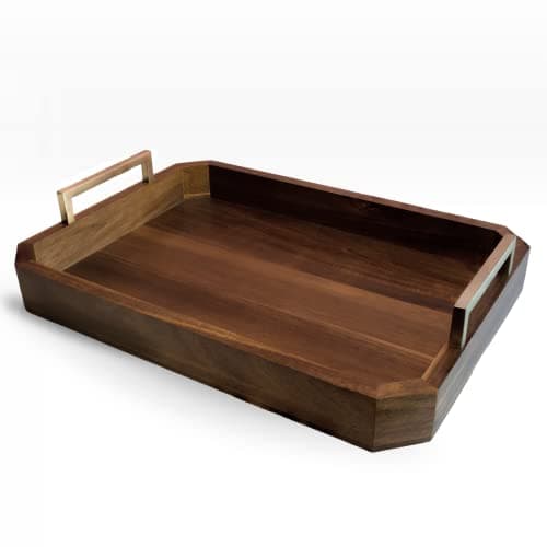 Fine Nest Home Decorative Acacia Wood Ottoman Tray - Coffee Table Tray - Breakfast, Party, Drinks, Snack, Liquor Serving Platter - Farmhouse to Modern - Brass Handles (Varnish)