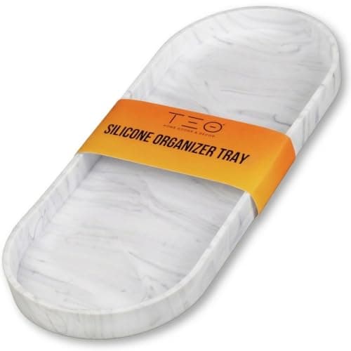 TEO Silicone Tray 14.5" Large Shatterproof Heat Resistant White Marble Design Vanity Tray for Bathroom Countertop, Kitchen Counter Sink, Toilet, Bedroom, Soap, Perfume Organizer