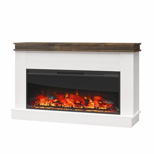 Ameriwood Home Mateo 53.5 Inch Electric Fireplace with Mantel, Replaceable Fireplace Insert Heater, Remote Control, Timer, Realistic Log and Flame Effect, for The Living Room or Bedroom, Ivory Oak