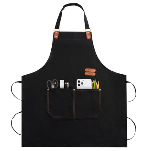 TREASO Apron for Men Women, Chef Apron with Adjustable Neck Strap, Heavy Duty Apron for Men with Pockets, Aprons for Cooking, Baking, Gardening, Woodwork, Hair Stylist, BBQ,Grill (Black)