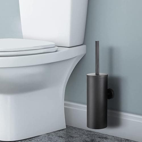 Stylish Matte Black Toilet Brush and Holder - Wall Mountable or Freestanding with Lid and Replaceable Brush Head 8