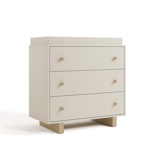 Storkcraft Texas 3 Drawer Chest with Removable Changing Table Topper (Frosted Oat/Driftwood) – GREENGUARD Gold Certified Baby Dresser, Interlocking Drawer System for Nursery & Kids’ Bedroom Dresser