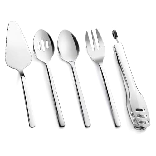 KINGSTONE Large Hostess Serving Utensils Set,18/10 Stainless Steel Heavy Duty 10inch Serving Spoons,Slotted Spoons,Serving Fork,Serving Tongs, Cake Pie Server For Buffet, Wedding, Party