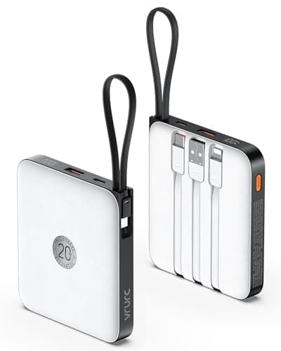 VRURC Portable Charger with Built-in 4 Cables, 10000mAh Battery Pack PD 20W for iPhone, 22.5W USB C Travel Power Bank for iPhone 16 15 14 13 Samsung Galaxy S23 S22 Google Android Phones, Whtie