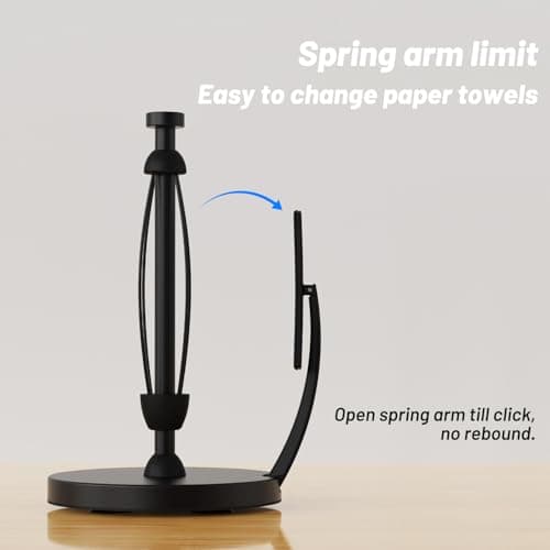 VEHHE Paper Towel Holder Countertop, Black Paper Towel Holder with Spring Activated Arm and Damping Effect, Simply Tear Paper Towel Stand for Bathroom and Kitchen (Black) 5