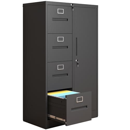 IKIMI 4 Drawer File Cabinet with 1 Door,Black Metal Storage Locker Cabinets for Employees,Home Office Lockable Steel Filing Cabinets for Legal/Letter Size Files, Assembly Required