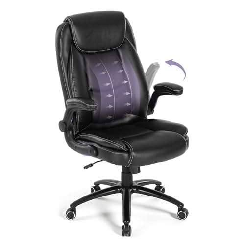 MALOL Ergonomic PU Leather Office Chair with Flip-Up Armrests & Reclining Backrest, 300lbs Thick Padded Seat Executive Desk Chair-Adjustable Height & Tilt Tension, Brown, Black