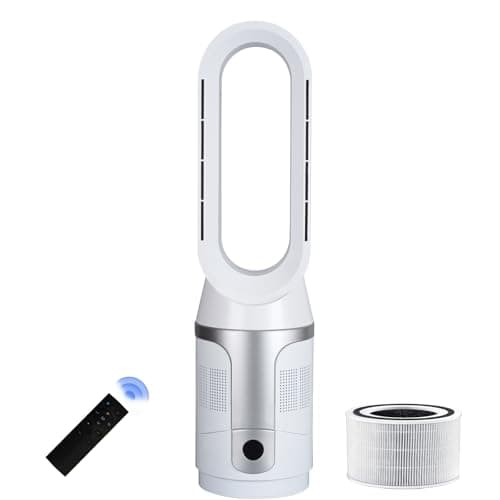 Voagupa Bladeless Tower Fan and Air Purifier, True H13 HEPA Filter, 90° Oscillating Bladeless Fan with Remote and Touch control, 9H Timer, Floor Fans for Bedroom Home Office Use, Silver White