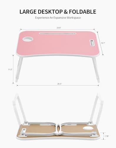 ZEAPTAC Laptop Bed Desk, Foldable Lap Desk, Portable Lap Table, Laptop Stand with Cup Holder & Tablet Slot & Lifting Handle for Working Writing Drawing & Eating - Pink 6