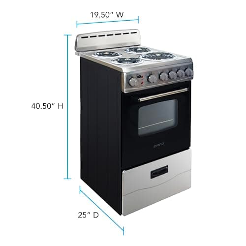Avanti Electric Range Oven Compact Design, 2.1-Cu.Ft. Capacity with 4 Coil Burners, Framed Glass Oven Door, Storage Drawer and Broiler with Pan Perfect for Apartments, 20-Inch, Stainless Steel 7