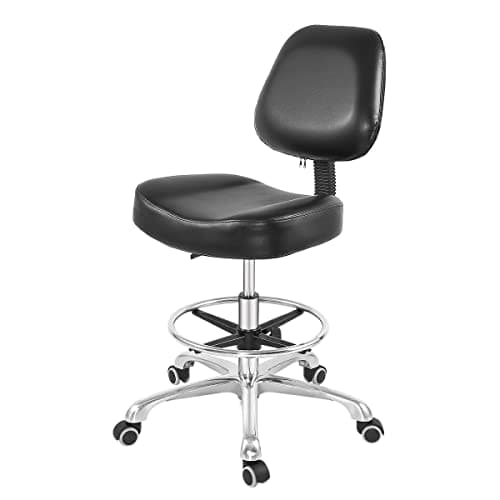 Grace&Grace Drafting Chair Tall Office Stool with Wheels,Heavy Duty Shop Stool Chair for Studio,Workshop,Office, Home Office (Black, Classic with Footrest)