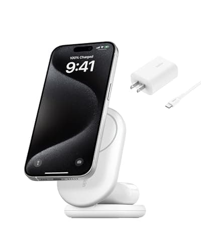 Belkin MagSafe-Compatible Charger, 2-in-1 Magnetic Foldable Charger 15W - Qi2-Certified Wireless Charging for Apple iPhone 16, Apple Watch, Samsung Galaxy S25 w/Non-Slip Base, PSU Included - White