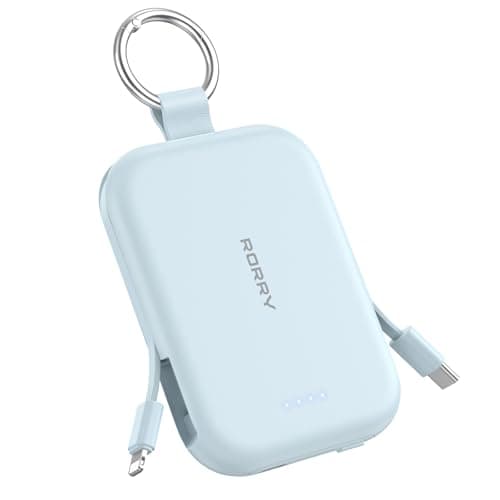RORRY Portable Charger, 5000mAh Portable Charger Power Bank with Built-in Cables, Travel Keychain Charger Battery Pack for iPhone 17/16/15/14/13/12, for AirPods 2/3/4/Pro, Blue