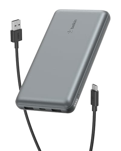 Belkin Portable Charger, USB C Power Bank 20000 mAh w/ 2 USB-A Ports, 15W w/A to C Cable - iPhone 17, Air, Pro, Pro Max, AirPods, Samsung Galaxy S25, iPad, Nintendo Switch 2, Google Pixel 10 - Gray