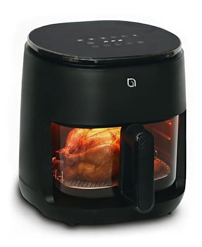 WILLOW Eco Series 6 in 1 Air Fryer with Glass Basket, 5 Quart Non Toxic Glass Air Fryer w Digital Display, 430°F Max Temp, Preheat & Keep Warm Function, Compact + Dishwasher Safe Airfryer -BLACK