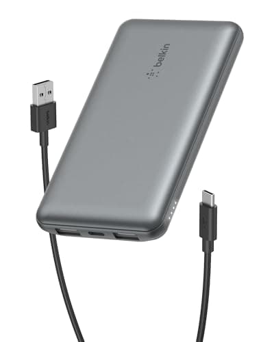 Belkin Portable Charger, USB C Power Bank 10000 mAh w/ 2xUSB-A Ports, 15W w/Type-C to Type-A Cable for iPhone 17, Air, Pro, Samsung Galaxy S25, iPad, Nintendo Switch 2, Google Pixel 10, etc. - Gray