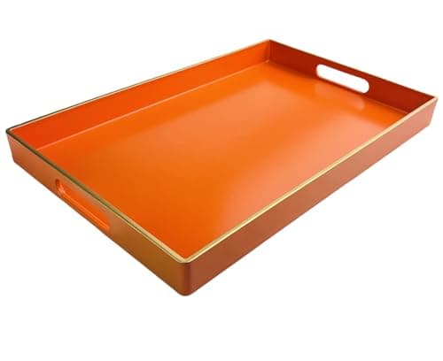 Umisriro Orange Serving Tray with Handles, Rectangular Decorative Tray for Coffee Table, Plastic Ottoman Tray for Living Room, Bathroom, Kitchen Tabletop, 15.6”x 10.2”x1.37”