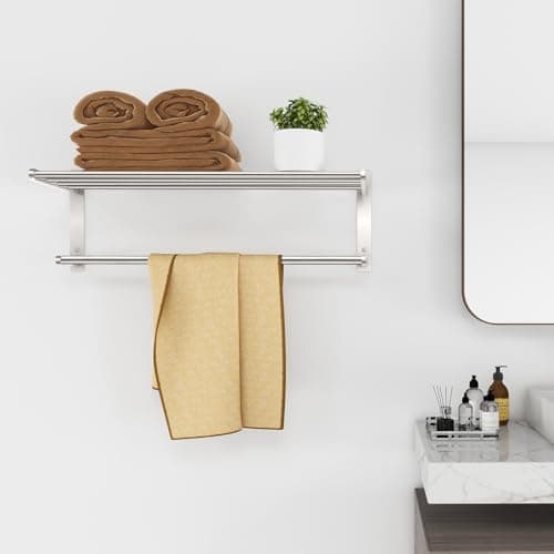 Towel Racks for Bathroom, 2 Tier Bathroom Shelf with Towel Bar, 24 Inch Stainless Steel Towel Rack Wall Mounted, Bathroom Towel Storage Hotel Towel Rack with Shelf, Brushed Nickel 6