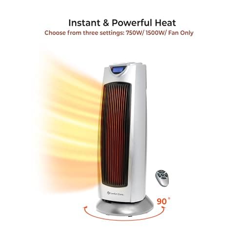 Comfort Zone 1500W Oscillating Ceramic Tower Space Heater – Portable Electric Heater, Digital Display, Remote Control, 80° Oscillation & 12H Timer – Tip-Over & Overheat Protection for Home & Bedroom 8