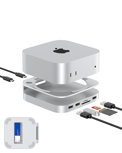 GEWOKLIY Mac mini M4 Dock, Aluminum Stand and Hub for Mac mini M4 and M4 Pro 2024 with M.2 NVMe SSD Enclosure, 2X USB-A 10Gbps, SD/TF Card Readers, USB 2.0 Data (MC60)