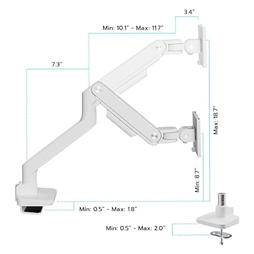 ARES WING Ultrawide Monitor Arm White for 17 to 49 Inch Heavy Duty Curved Screen, Holds 44 Lbs, Adjustable Gas Spring Monitor Arm Desk Mount with C Clamp, Grommet Base, 75/100 Vesa Mount 8