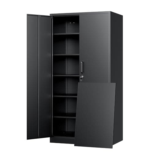 Yizosh Metal Storage Cabinet with Lock - 72" Garage Storage Cabinet with 2 Locking Doors and 5 Adjustable Shelves, Black Steel Lockable for Office,Home,Garage