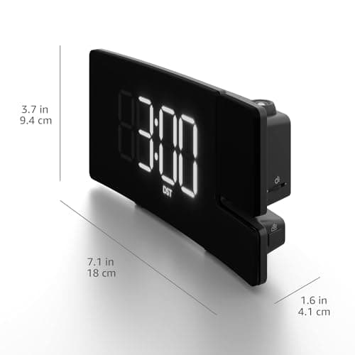Amazon Basics Rectangular Projection Alarm Clock with Large LED Display, 180° Rotatable Projector, FM Radio, USB Phone Charging, Brightness Dimmer, Battery Backup, 12/24H, DST, Black 6