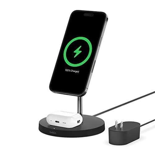 Belkin MagSafe 2-in-1 Wireless Charging Stand for Apple iPhone 16, iPhone 15, iPhone 14, & iPhone 13 Series & AirPods - MagSafe Fast Charging Station for Multiple Devices - Black