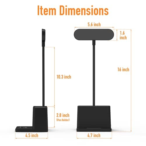 AXX Black LED Desk Lamp for Home Office Bedroom, Battery Operated Table Light for Computer Desktop, Small, Cute, Dimmable, Rechargeable, Flexible Gooseneck, Pen Holder, Phone Mount, Touch Control 7