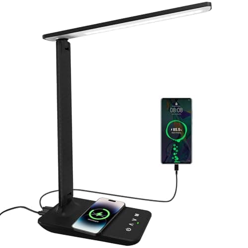 LED Desk Lamp Dimmable Table Lamp with USB Charging Port, 5 Lighting Modes, Sensitive Control, Foldable Portable Desk Light for Home Office Bedroom Reading (Black-Pro, Standard Size - 13.3 inch)