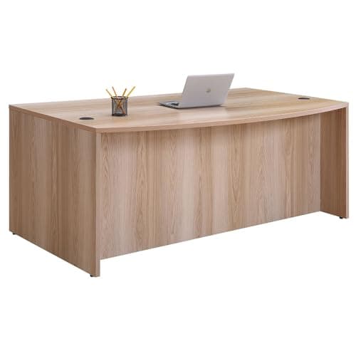 NBF Bowfront Executive Office Desk for Home - Wooden Pedestal Table with Locking Drawers on Both Sides - At Work Ideal Metal Drawer Desk for Business Use - 71" W, Warm Ash Laminate 6