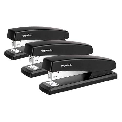 Amazon Basics Desktop Office Stapler, Lightweight, 25 Sheet Capacity, Non-Slip, Black, 3-Pack with 1000 Staples