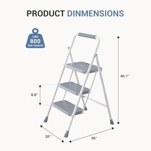 DUMOS Step Ladder, 3 Sturdy Step Stool with Anti-Slip Pedal & Comfortable Handrail, Portable Heavy Duty Step Stool for Kitchen, Garage & Outdoor Use, 800lbs, Grey 7