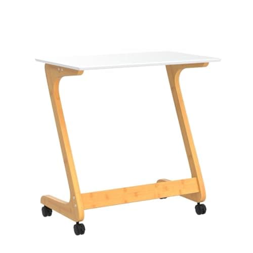 Nnewvante TV Tray Table with Wheels Sofa Side Table with Casters Couch Laptop Desk End Table Snack Tray for Living Room Bedroom Small Spaces White Bamboo Large 29.5'' x 15.8'' 5