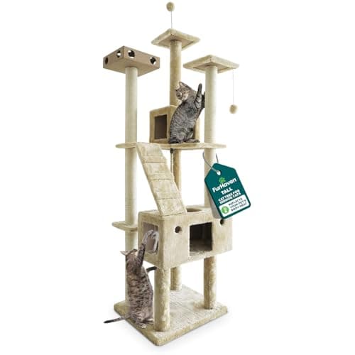 FurHaven 69.3" Tall Cat Scratching Post Tower for Indoor Cats, Sisal Cat Tree with 2 Condos, Tiger Tough Double Decker Playground, Toys & Perches for Cats, Sisal, Cream