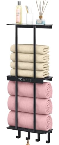 Towel Racks for Bathroom, New Upgrade 3 Tier Bathroom Towel Storage Shelf Rack Wall Mounted with 4 Hooks of Rolled Bath Towels, Matte Black