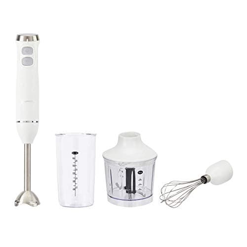 Amazon Basics 300W 4-In-1 Immersion Hand Blender for Soup, Handheld with Blending Stick, Whisk, Chopper and Beaker, Variable Speed Control and Turbo Mode, Powerful Motor, 5-ft Power Cord, White