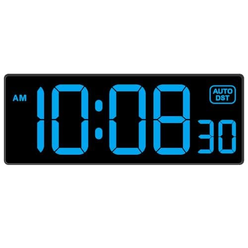 Soobest LED Wall Clock Digital Clock with Seconds, Electric Plug in Large Big Numbers Clock 5 Dimmers Wall Mount for Living Room, Auto DST, 10 Inches (Blue)