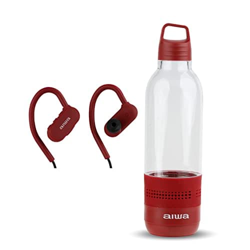 AIWA Water Bottle with Speaker and Earphone Bundle - 400ml Water Bottle with 4 Hour Playtime and Wireless Sports Earphones with Integrated Mic, 10 Hours Playtime for Workout, Camping and Hiking, Burgudy
