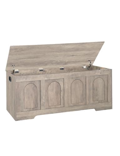DINZI LVJ Storage Chest, 47.2" Rattan-Like Toy Box with 2 Safety Hinges, Wooden Entryway Storage Bench with Flip-Top, Large Trunk for Living Room, Bedroom, Easy Assembly, Greige