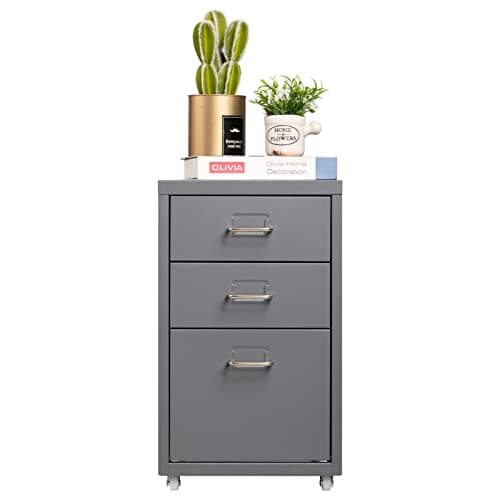 HollyHOME 3-Drawer Mobile Classification Storage Cabinet, Under Desk for A4 Mini File Cabinet, Mobile File Cabinet with Wheels for Home and Office, Grey