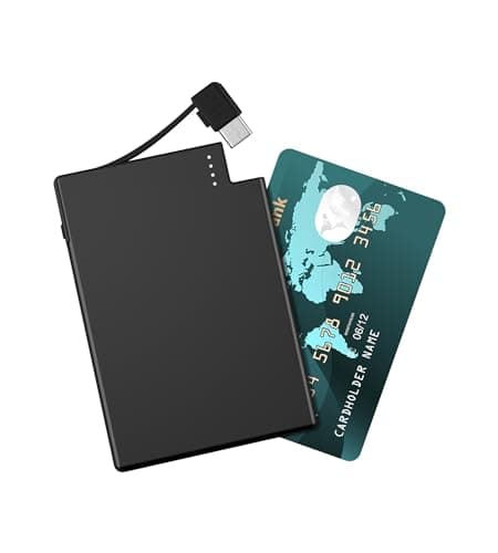 TNTOR Thin USB-C Portable Charger with Built in Cable, Slim Power Bank Credit Card Size Battery Pack Charger Portable for Wallet Compatible with iPhone 15 16 17 Series, Samsung and Android Phones