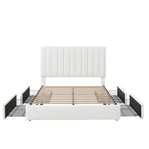 Allewie Full Size Storage Bed Frame, Vertical Channel Tufted Adjustable Headboard, Velvet Upholstered Platform Bed with 4 Oversized Underbed Drawers, Wooden Slats Support, No Box Spring Needed, White 8