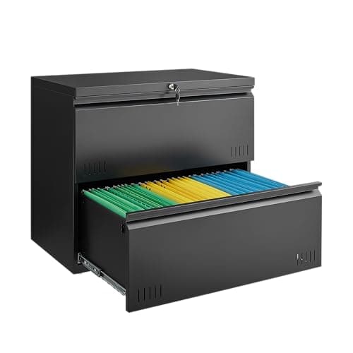 Guizeeopo Metal File Cabinet with Lock, 2 Drawer Lateral File Cabinets for Home Office, Printer Stand, Heavy Duty Office Storage Cabinet for A4/Letter/Legal Size, Assembly Required(Black)