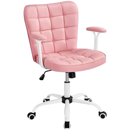 Yaheetech Mid Back Faux Leather Office Chair Modern Adjustable Tilting Vanity Chair with Detachable Padded Armrests for Home/Office,Pink