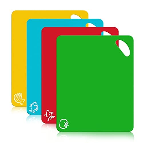 Kitchen Plastic Cutting Board Set - Extra Thick Flexible Cutting Mat for Cooking, Non-Slip Chopping Board with Colored Food Icons & Easy-Grip Handles, Dishwasher Safe, Set of 4