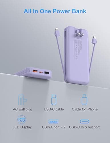 Portable Charger with Wall Plug, 10000mAh USB C Power Bank Fast Charging, External Battery Pack with Built in Cables, Digital Display, 5 Output 4 Input for iPhone Android Cell Phone Tablet 9